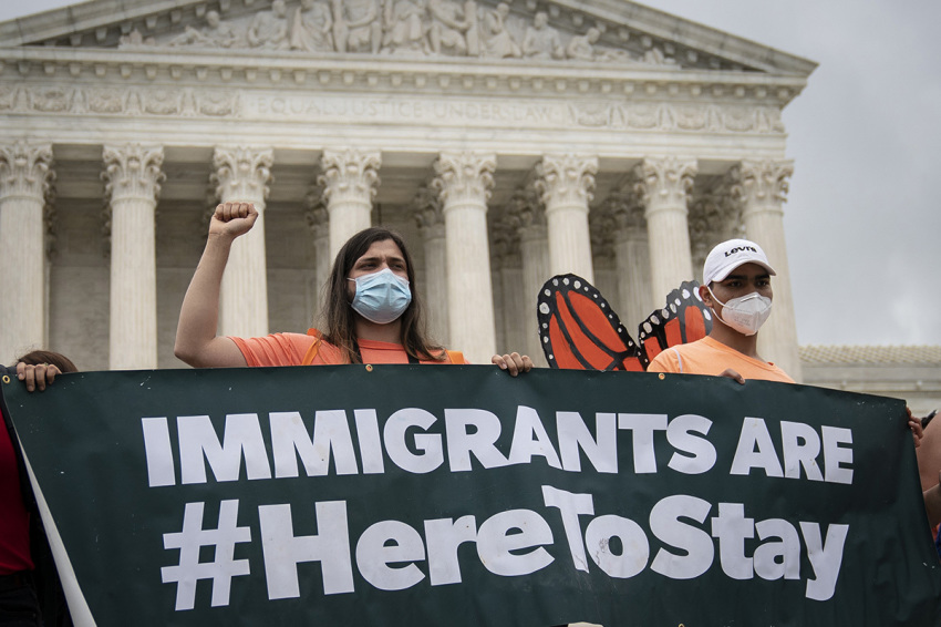 DACA recipients and their supporters rally outside the U.S. Supreme Court on June 18, 2020, in Washington, D.C. On Thursday morning, the Supreme Court, in a 5-4 decision, denied the Trump administration's attempt to end DACA, the Deferred Action for Childhood Arrivals program.