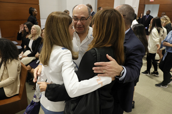 Linda Beigel Schulman, Michael Schulman, Patricia Padauy Oliver and Fred Guttenberg as families of the victims enter the courtroom for an expected verdict in the penalty phase of the trial of Marjory Stoneman Douglas High School shooter Nikolas Cruz at the Broward County Courthouse in Fort Lauderdale on Thursday, Oct. 13, 2022. Cruz, who plead guilty to 17 counts of premeditated murder in the 2018 shootings, is the most lethal mass shooter to stand trial in the U.S. He was previously sentenced to 17 consecutive life sentences without the possibility of parole for 17 additional counts of attempted murder for the students he injured that day. 
