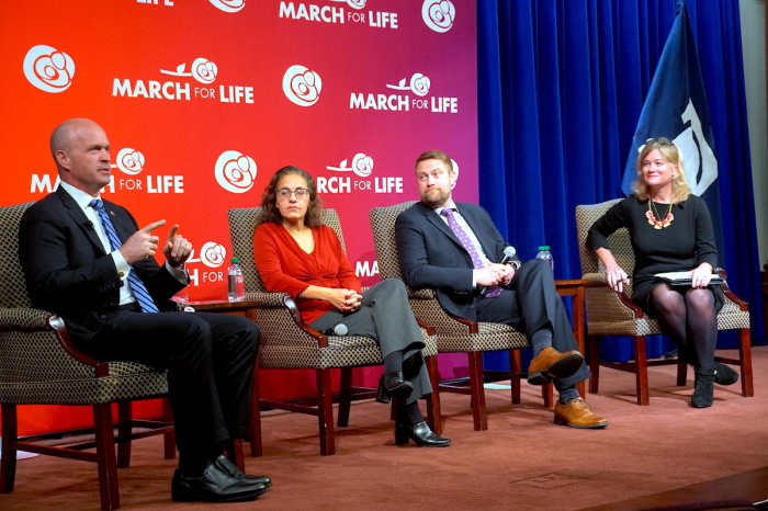 Heritage Foundation President Kevin Roberts, physician Dr. Marguerite Duane, Jonathan Keller of the California Family Council and March for Life President Jeanne Mancini talk at the 2023 March For Life Theme unveiling event, which took place on Oct. 13, 2022 in Washington D.C.