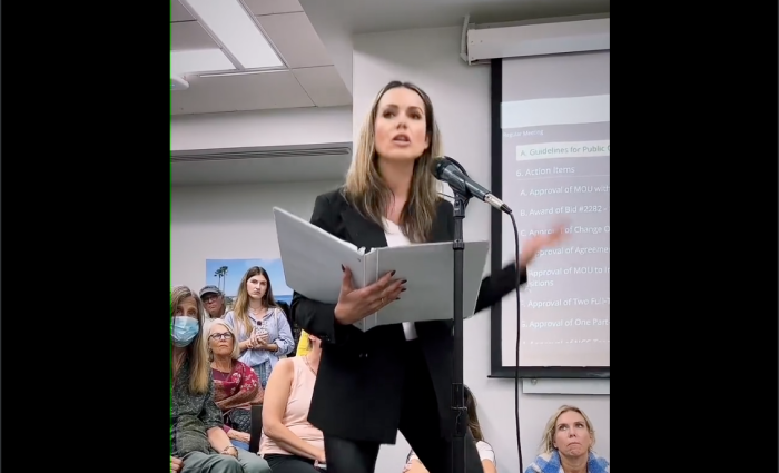Brittany Mayer, a mom and who is from the Christian-based parental rights group Rooted Wings, speaks to the Encinitas Union School District Board in San Diego County, California.