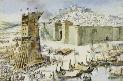 A 1971 painting by Alfredo Roque Gameiro of the Second Crusade's siege of Lisbon in 1147. 