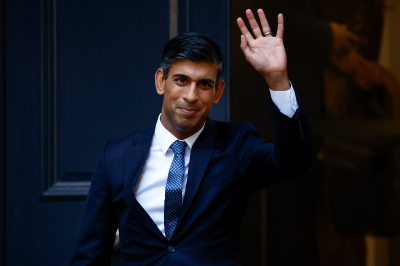 New Conservative Party leader and incoming prime minister Rishi Sunak waves as he departs Conservative Party Headquarters on October 24, 2022 in London, England. Rishi Sunak was appointed as Conservative leader and the United Kingdom's next prime minister after he was the only candidate to garner 100-plus votes from Conservative MPs in the contest for the top job. 