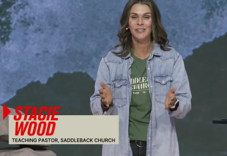 Stacie Wood of Saddleback Church preaches a sermon in October 2022. The church labeled Wood as 