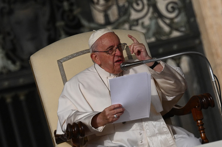 Pope Francis addresses pilgrims during his weekly general audience in St. Peter's Square in the Vatican on October 26, 2022. 