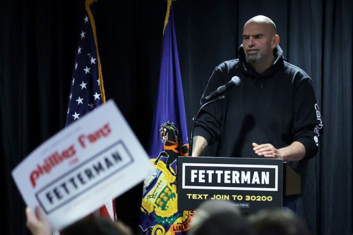 Lieutenant Governor of Pennsylvania and Democratic U.S. Senate candidate John Fetterman speaks to supporters during a campaign rally at Temple University on October 29, 2022 in Philadelphia, Pennsylvania. Fetterman continued to campaign for the upcoming midterm election against Republican Mehmet Oz for the U.S. Senate seat that will be vacant by incumbent Sen. Pat Toomey (R-PA). 