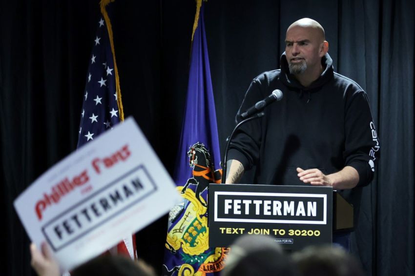 Lieutenant Governor of Pennsylvania and Democratic U.S. Senate candidate John Fetterman speaks to supporters during a campaign rally at Temple University on October 29, 2022 in Philadelphia, Pennsylvania. Fetterman continued to campaign for the upcoming midterm election against Republican Mehmet Oz for the U.S. Senate seat that will be vacant by incumbent Sen. Pat Toomey (R-PA).