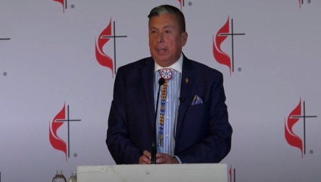 The Rev. David Wilson speaks at a press conference held shortly after he was elected the first Native American bishop in the history of The United Methodist Church on Wednesday, Nov. 2, 2022.