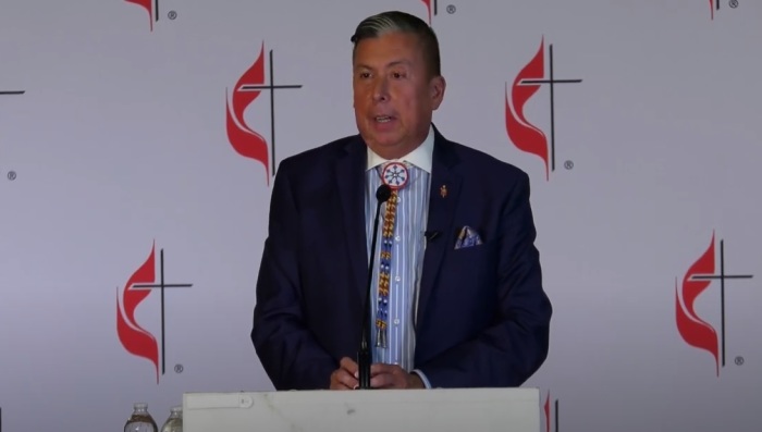 The Rev. David Wilson speaks at a press conference held shortly after he was elected the first Native American bishop in the history of The United Methodist Church on Wednesday, Nov. 2, 2022. 