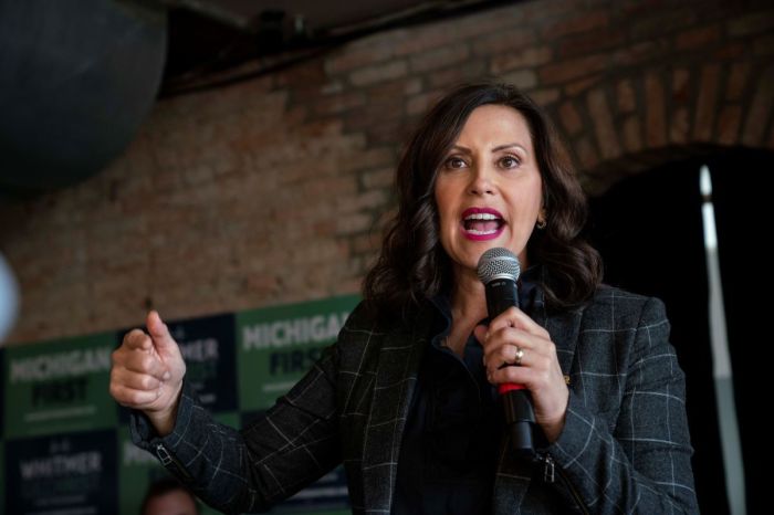 Michigan Gov. Gretchen Whitmer speaks to supporters at a rally at the Crofoot Ballroom on Nov. 6, 2022, in Pontiac, Michigan. Gov. Whitmer continues campaigning across the state of Michigan against Republican gubernatorial nominee Tudor Dixon ahead of the November 8 midterm election. 
