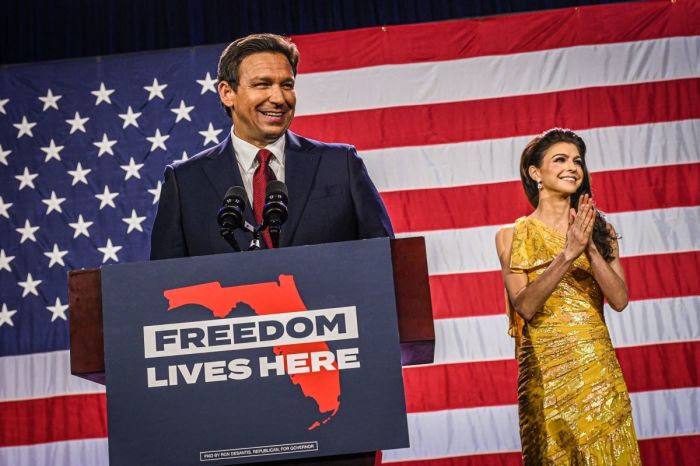 Florida Gov. Ron DeSantis, flanked by and his wife, Casey DeSantis, speaks to supporters during an election night watch party at the Convention Center in Tampa, Florida, on Nov. 8, 2022. - Florida Governor Ron DeSantis, who has been tipped as a possible 2024 presidential candidate, was projected as one of the early winners of the night in Tuesday's midterm election. 