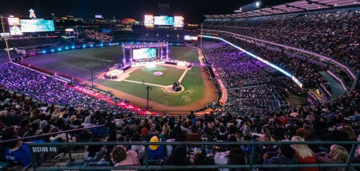 A massive crowd gathers for SoCal Harvest, a revival event hosted by Pastor Greg Laurie and held at Angel Stadium in Anaheim, Calif., on Nov. 5-6, 2022. 