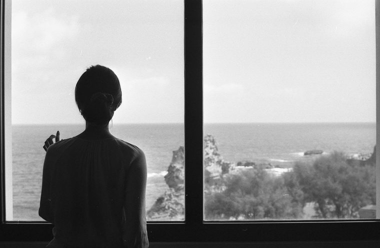 woman, silhoutte, looking out window