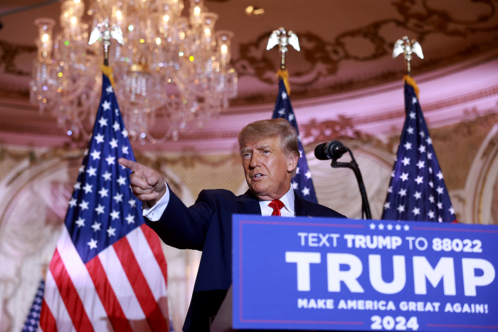 Former U.S. President Donald Trump speaks during an event at his Mar-a-Lago home on Nov. 15, 2022, in Palm Beach, Florida. Trump announced that he was seeking another term in office and officially launched his 2024 presidential campaign. 