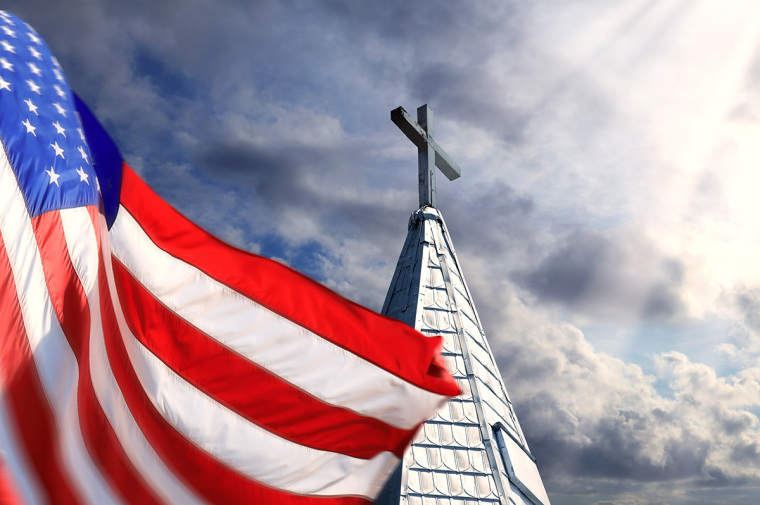 US flag, church, cross