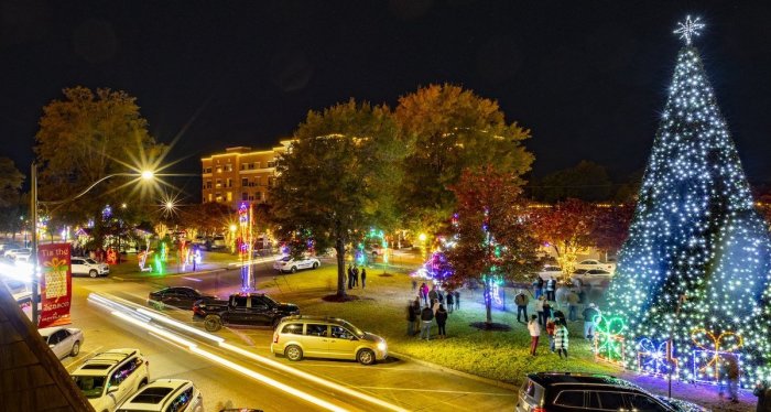 The downtown in Cleveland, Mississippi, during the 50 Nights of Lights festival. 