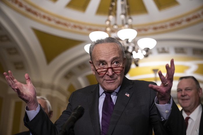 Senate Majority Leader Chuck Schumer, D-N.Y., speaks to reporters after meeting with Senate Democrats at the U.S. Capitol Nov. 29, 2022, in Washington, D.C.