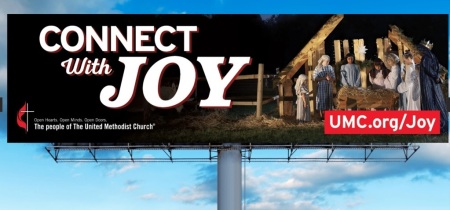 A billboard displays The United Methodist Church's 2022 