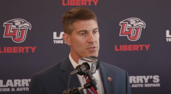 Jamey Chadwell, former coach of the Coastal Carolina University Chanticleers, speaking at a press conference on Sunday, Dec. 4, 2022, after being named head coach of the Liberty University Flames football team. 