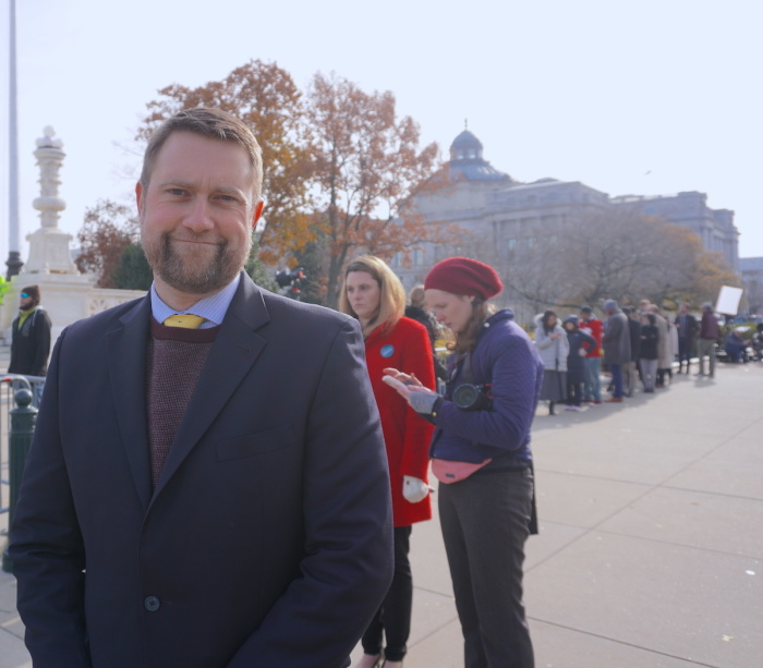 Jonathan Keller, President of the California Family Council, attends a rally outside the United States Supreme Court in support of 303 Creative owner Lorie Smith, Dec. 5, 2022.