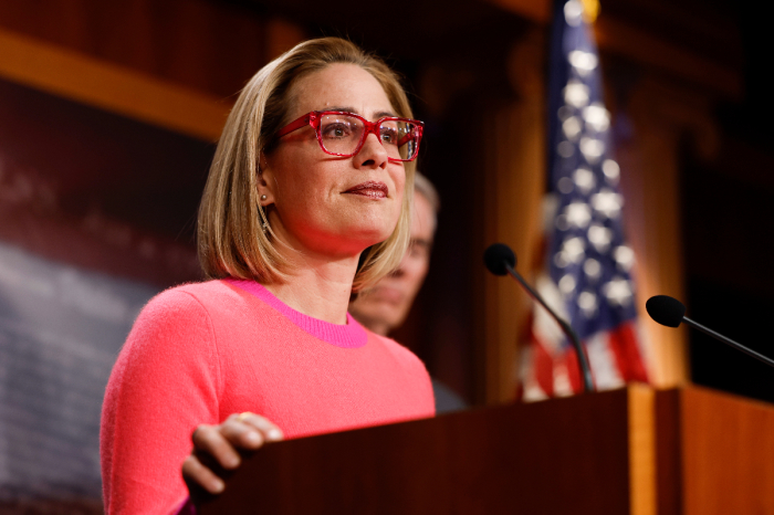 U.S. Sen. Kyrtsen Sinema speaks at a news conference after the Senate passed the Respect for Marriage Act at the Capitol Building on November 29, 2022, in Washington, DC. In a 61-36 vote. 
