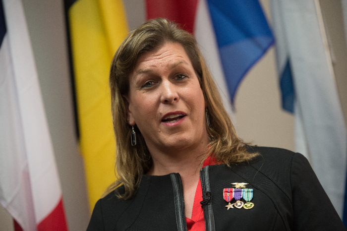 Transgender former US Navy Seal Senior Chief Chris (Kristin) Beck speaks during a conference organized by the American Civil Liberties Union (ACLU) and the Palm Center in Washington on October 20, 2014. 