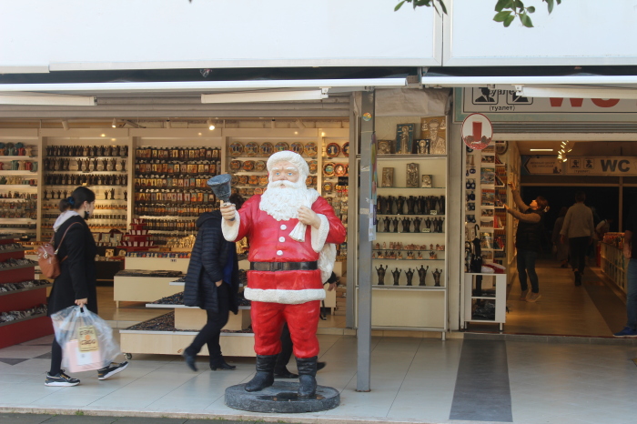 A statue of Santa Claus outside a gift shop near St. Nicholas Church in Demre, Turkey.