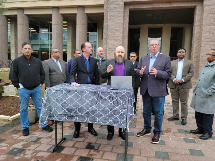 Members of a North Texas interdenominational coalition gather outside City Hall in Frisco, Texas, on Dec. 13, 2022.