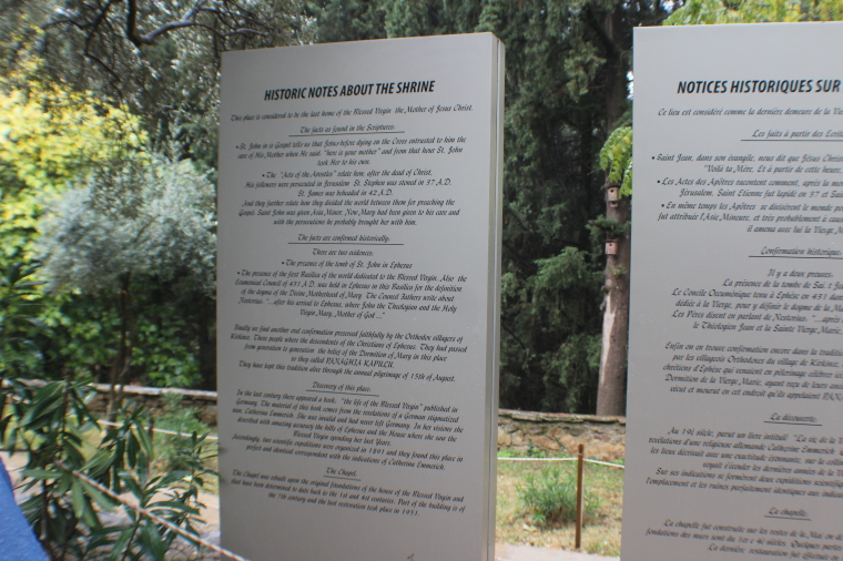 A sign on the property of the Ephesus House of Mary in Izmir, Turkey, explains why it is believed to be the Virgin Mary's final resting place.