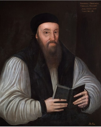 Edmund Grindal (1519-1583), an English clergyman who served as Archbishop of Canterbury and was placed under house arrest by Queen Elizabeth I when he refused to crack down on the Puritans.