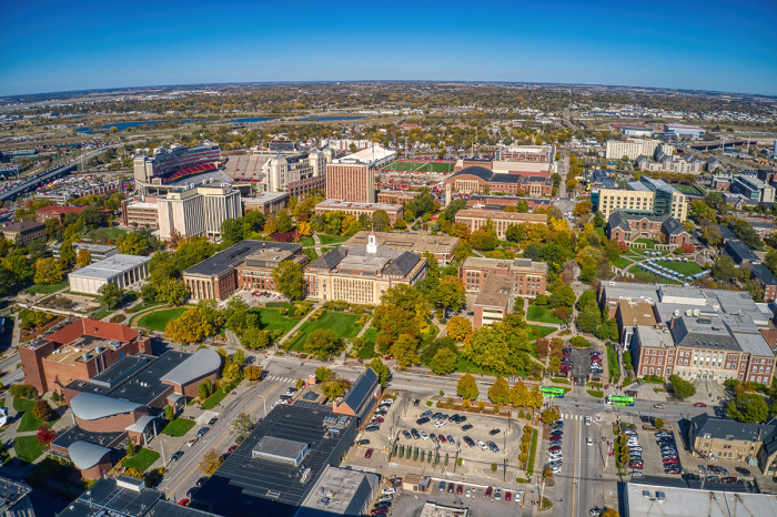 Aerial view of a large Public University in Lincoln, Nebraska. 