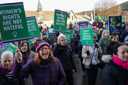 Protesters are seen outside the Scottish Parliament during a No to Self-ID protest on December 21, 2022, in Edinburgh, Scotland, as members of Parliament consider amendments to the Scottish Government's Gender Recognition reform bill.