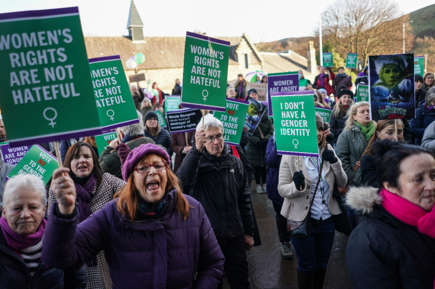 Protesters are seen outside the Scottish Parliament during a No to Self-ID protest on December 21, 2022, in Edinburgh, Scotland, as members of Parliament consider amendments to the Scottish Government's Gender Recognition reform bill.