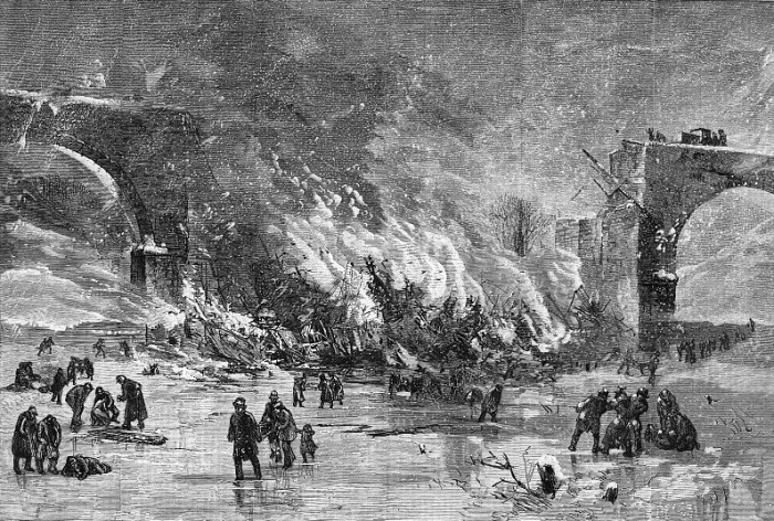 An 1877 depiction of the 1876 Ashtabula Bridge disaster on Dec. 29, 1876, near Ashtabula, Ohio. Over 90 people died when a bridge collapsed while a train was traveling over it. Among the dead was notable hymnwriter Philip P. Bliss and his wife. 
