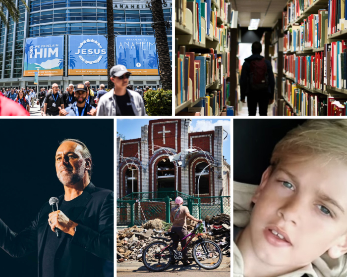Top left: Messengers at the Southern Baptist Convention in Anaheim, California, June 14, 2022; student in a library. Bottom left: Brian Houston; worshipers leave Sunday service at Sukovska Baptist church on June 19, 2022, in Druzhkivka, Ukraine; Archie Battersbee. 