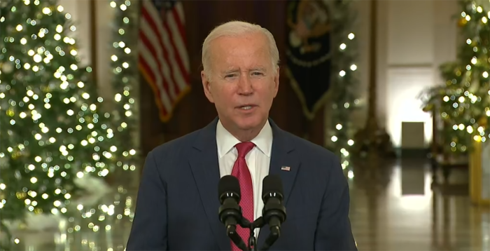 President Joe Biden delivers his Christmas address from the White House Cross Hall, in Washington, D.C., Dec. 22, 2022. 
