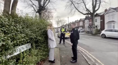 A British pro-life activist, Isabel Vaughan-Spruce, seen being arrested for silently praying outside an abortion clinic in Birmingham.