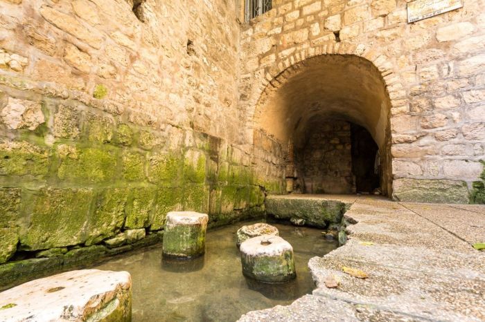 The Historic pool of Siloam is where Hezekiah's tunnel ends in Jerusalem, Israel 
