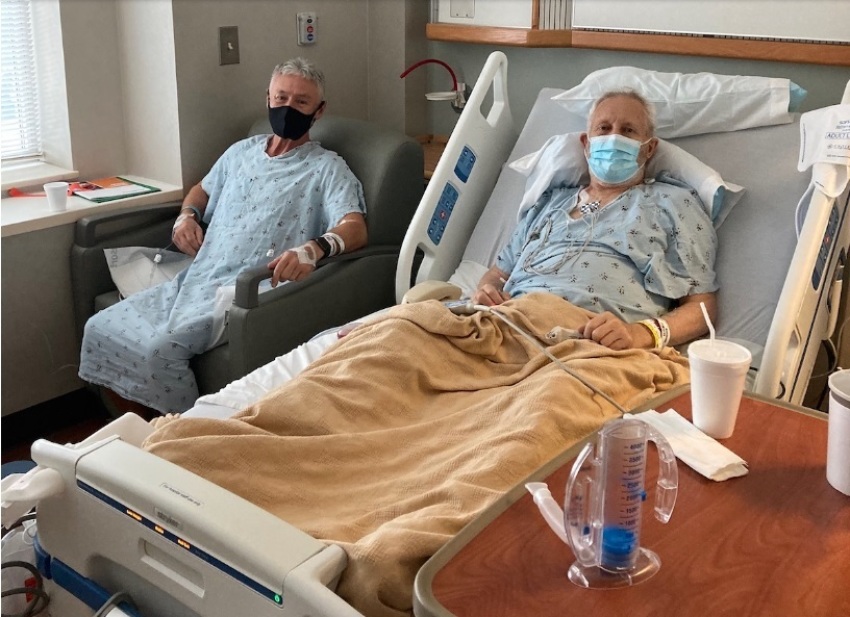 Jack Abbott sits with Pastor James Slick in the hospital following the life-saving kidney transplant surgery.