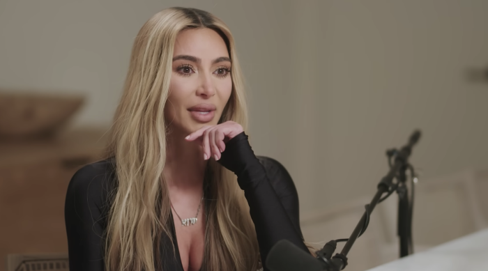 Kim Kardashian breaks down crying during an interview on the 'Angie Martinez IRL Podcast' in late December 2022. 
