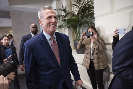 U.S. House Minority Leader Kevin McCarthy, R-Calif., walks to a meeting with House Republicans at the U.S. Capitol on Jan. 03, 2023, in Washington, D.C. Today members of the 118th Congress will be sworn in and the House of Representatives will hold votes on a new Speaker of the House.