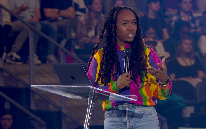Jackie Hill Perry preaches a sermon at Passion 2023 annual Christian conference on Jan. 4, 2023, in Atlanta, Georgia. 