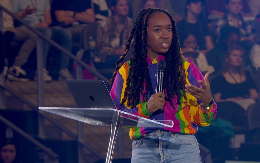 Jackie Hill Perry preaches a sermon at Passion 2023 annual Christian conference on Jan. 4, 2023, in Atlanta, Georgia.