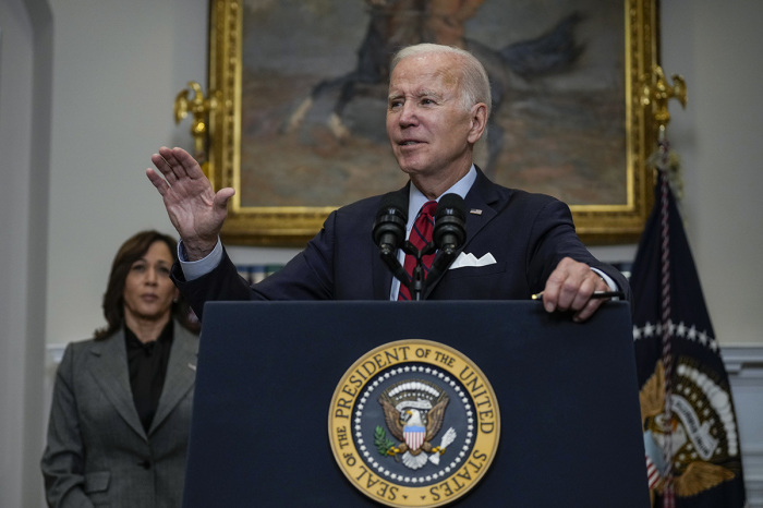 Vice President Kamala Harris looks on as U.S. President Joe Biden delivers remarks about border security policies in the Roosevelt Room in the White House on January 5, 2023, in Washington, D.C. Biden is planning to visit the U.S.-Mexico border while on a two-day summit meeting in Mexico City. The administration plans on setting new limits on illegal border crossings and expanding policies that force out migrants without letting them seek asylum.