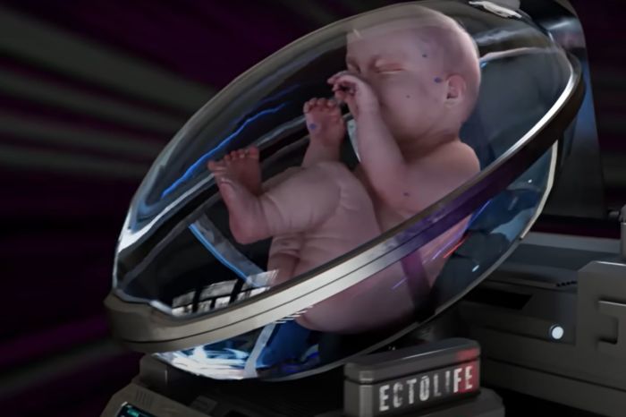 A baby grows inside of a pod marked 'ECTOLIFE' in a video published by Hashem Al-Ghaili on Dec. 9, 2022 promoting artificial womb technology. 
