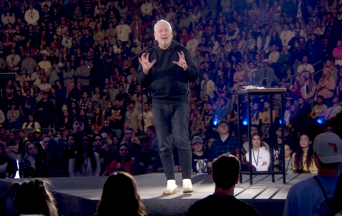 Louie Giglio shares a word with a crowd of thousands at the Passion 2023 Christian conference on Jan. 3 to 5 in Atlanta, Georgia. 