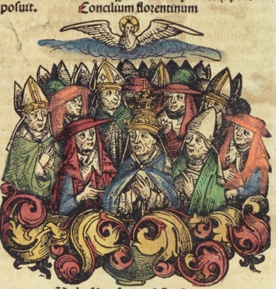 A 15th century artistic depiction of the Council of Florence, an ecumenical church council that began in 1438 and is also known as the Council of Ferrara-Florence. 