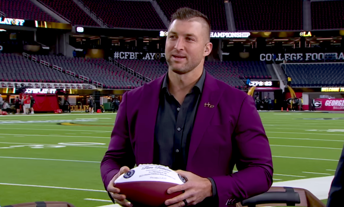 Tim Tebow speaks after being elected to the College Football Hall of Fame in January 2023. 