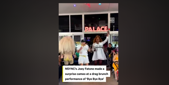 A screenshot of video showing former NSYNC singer Joey Fatone performing at a Miami drag brunch.