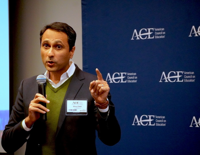 Eboo Patel, the president of Interfaith America, speaks to a crowd about the role of religious pluralism in American higher education at the American Council on Education on Jan. 12., 2023, in Washington, D.C.