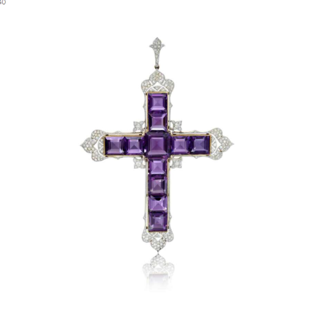 Sotheby's Catalogue description: Garrard | Amethyst and diamond pendant, circa 1920 The Fleurée cross set with square-cut amethyst and accented by circular-cut diamonds.